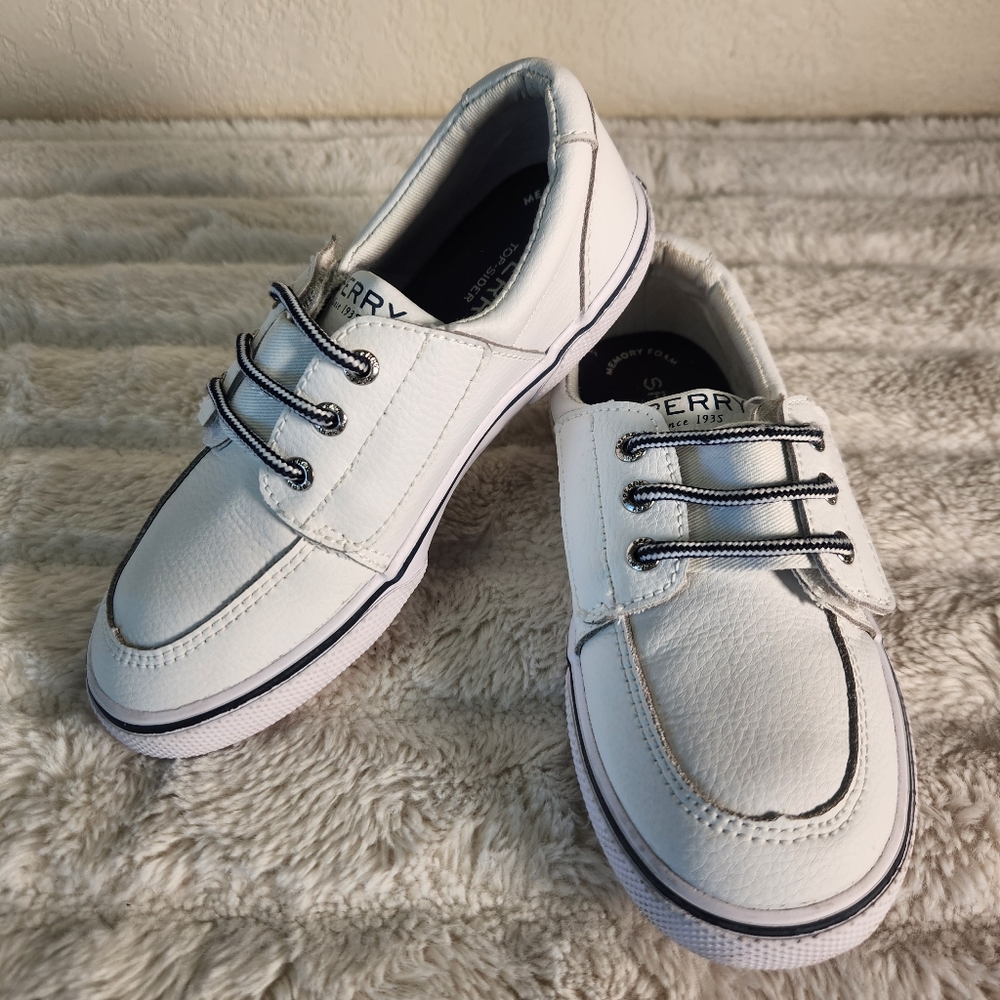 SPERRY SP Ollie Jr Boy's White Leather Boat Shoes Top Siders Preschool Sz 12M
